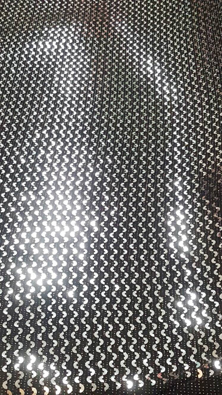 Silver Sequin Geometrical Shine on Black Stretch Fabric Sold by the Yard 60"w Fabric Dress Gorgeous Draping Decoration Party Fabric bling