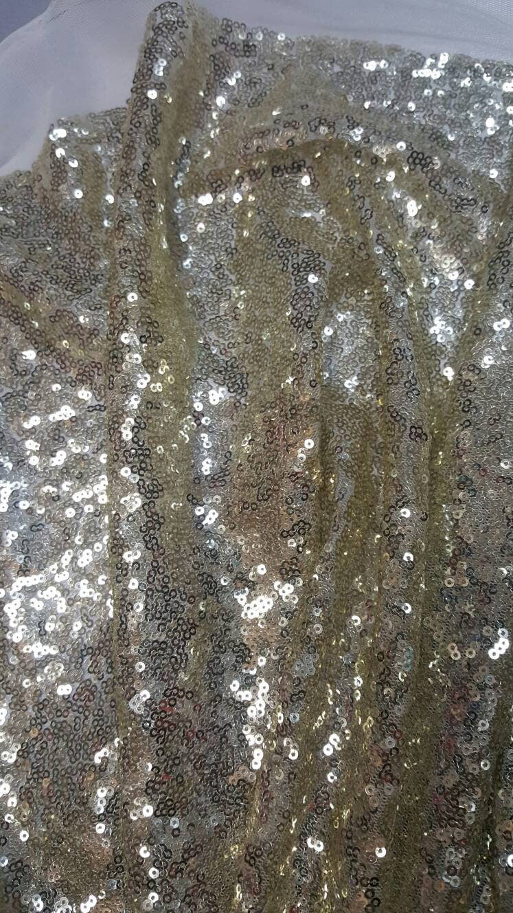 Light Gold Sequin on White Mesh 1 Way Stretch Fabric Sold by the Yard Draping Party Decoration Clothing 60 Inch W Glitz Gold Sequin