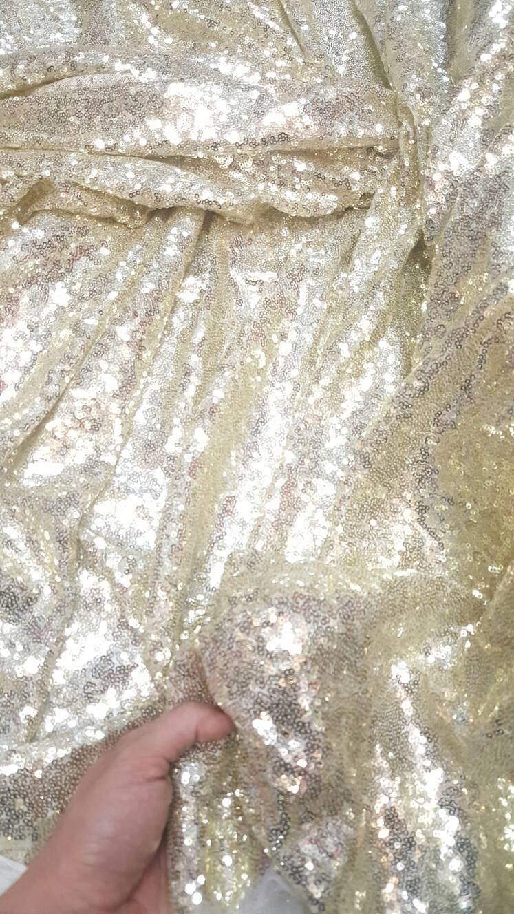 Light Gold Sequin on White Mesh 1 Way Stretch Fabric Sold by the Yard Draping Party Decoration Clothing 60 Inch W Glitz Gold Sequin