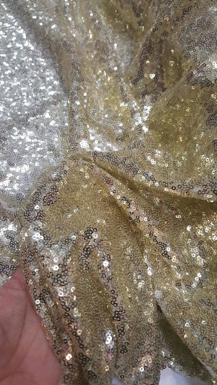Light Gold Sequin on White Mesh 1 Way Stretch Fabric Sold by the Yard Draping Party Decoration Clothing 60 Inch W Glitz Gold Sequin
