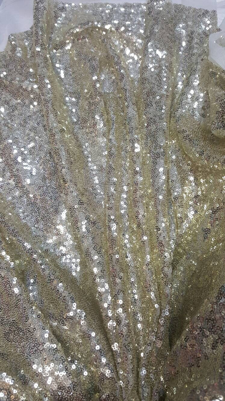 Light Gold Sequin on White Mesh 1 Way Stretch Fabric Sold by the Yard Draping Party Decoration Clothing 60 Inch W Glitz Gold Sequin