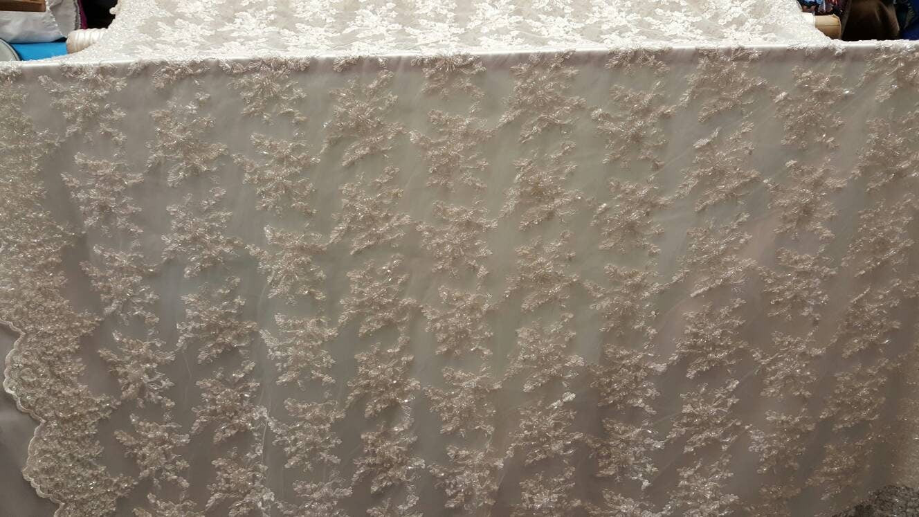 Off White Bridal Hand Beaded Lace Floral Flowers Embroidered on Mesh Wedding Gonw Fabric Sold by the Yard Double Scalloped Ivory Lace