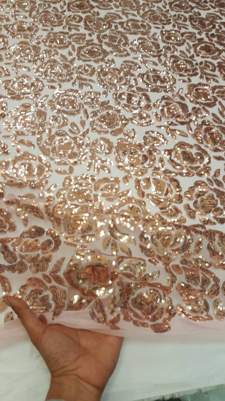 Rose gold lace fabric Roses Sequin on blush mesh 1way stretch Prom fabric sold by the yard gown Quinceañera bridal Evening dress Decoration