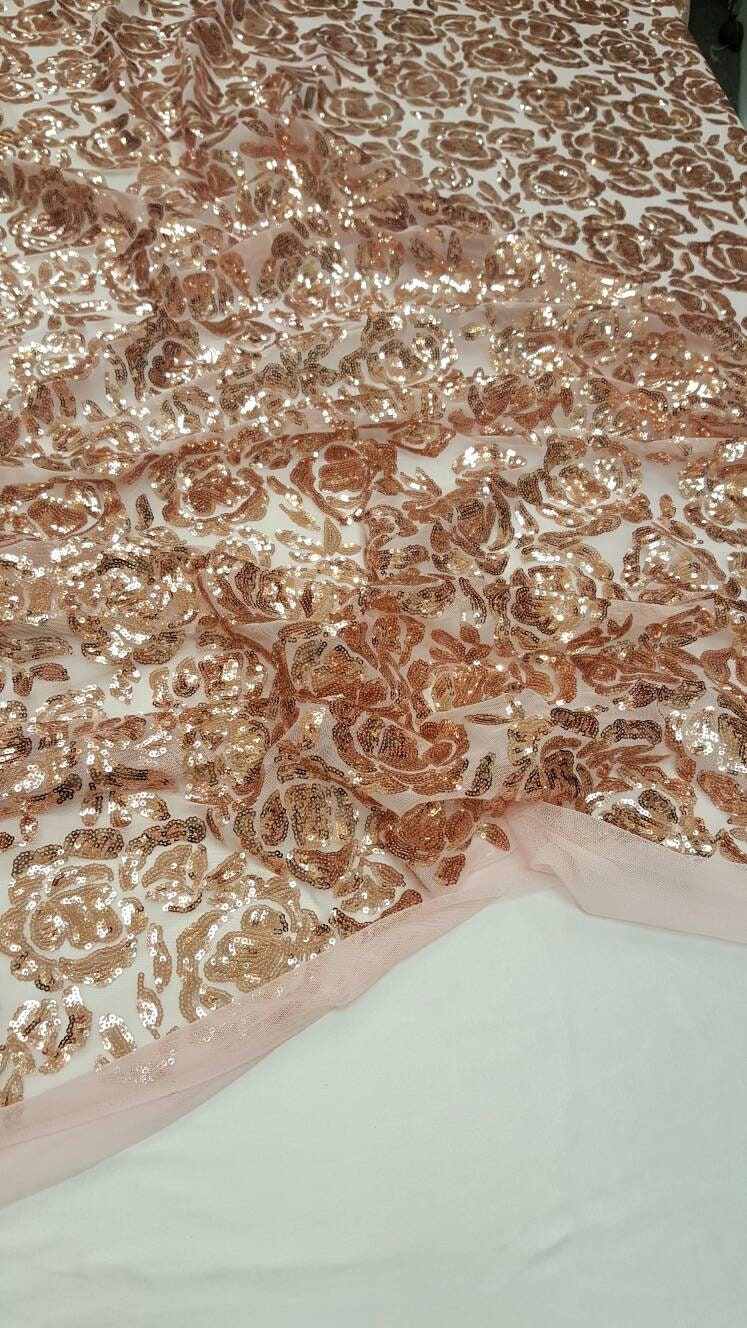 Rose gold lace fabric Roses Sequin on blush mesh 1way stretch Prom fabric sold by the yard gown Quinceañera bridal Evening dress Decoration