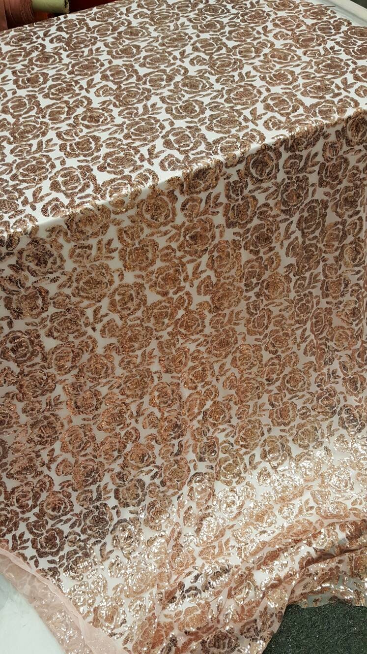 Rose gold lace fabric Roses Sequin on blush mesh 1way stretch Prom fabric sold by the yard gown Quinceañera bridal Evening dress Decoration