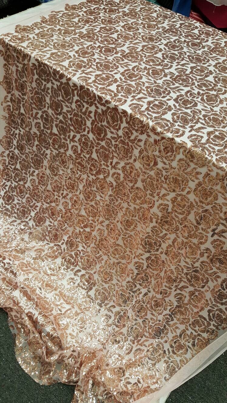 Rose gold lace fabric Roses Sequin on blush mesh 1way stretch Prom fabric sold by the yard gown Quinceañera bridal Evening dress Decoration