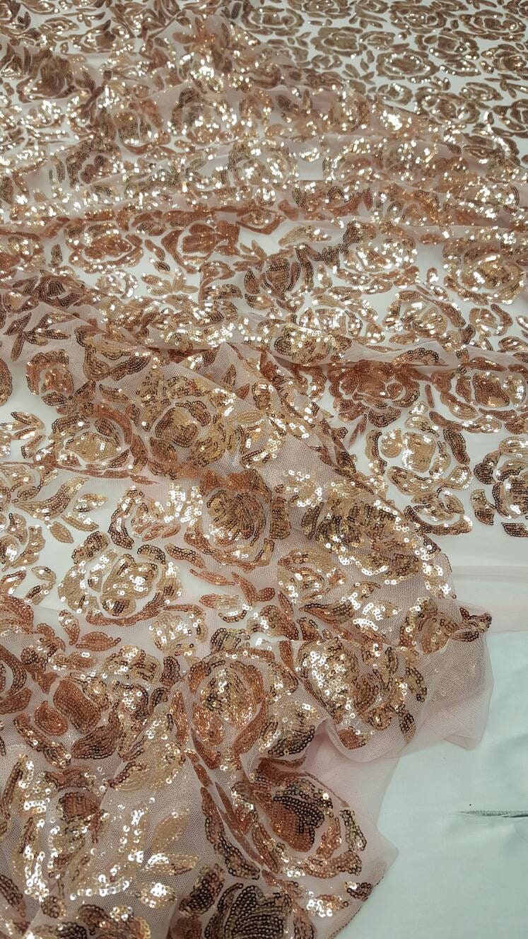 Rose gold lace fabric Roses Sequin on blush mesh 1way stretch Prom fabric sold by the yard gown Quinceañera bridal Evening dress Decoration