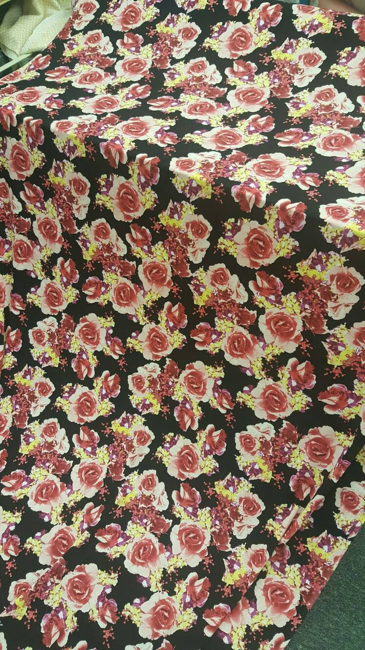 Roses stretch fabric liverpool soft stretch fabric black pink yellow floral flowers fabric sold by the yard gown draping decoration Textured