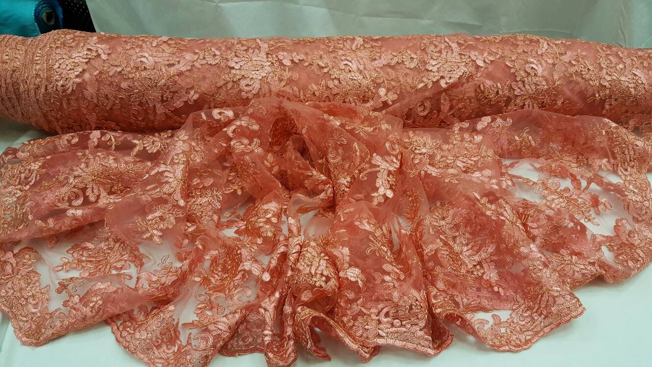 Coral Lace floral flowers gold cord double scalloped coral mesh Prom fabric sold by the yard Gown Quinceañera bridal dress gorgeous lace