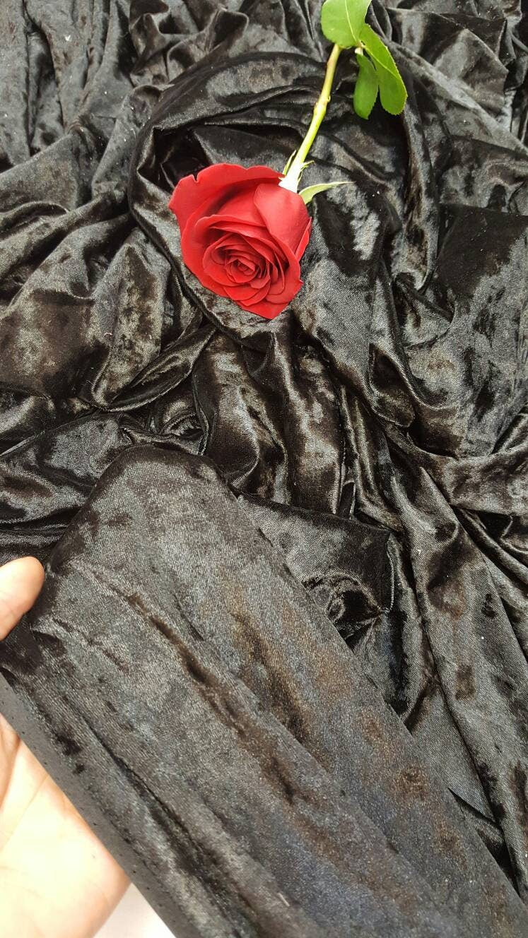 Black Crushed Stretch Velvet Soft Luxurious Fabric Sold by the Yard Gorgeous Draping Clothing Decoration Prom Quinceañera Bridal Dress