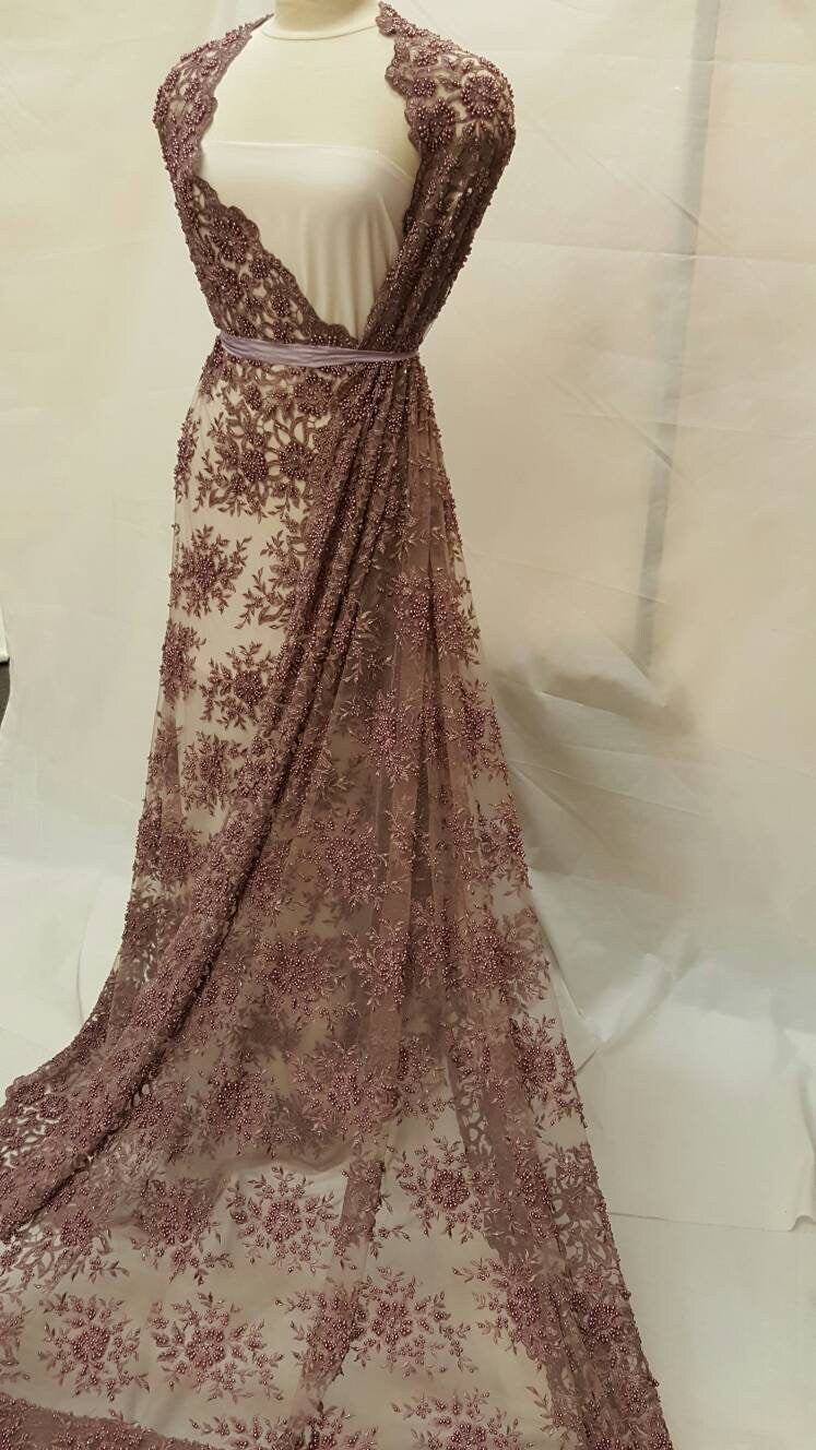Mauve Hand Beaded Lace Floral Flowers Embroidered Pearls On Mesh Prom Fabric Sold By The Yard Gown Quinceañera