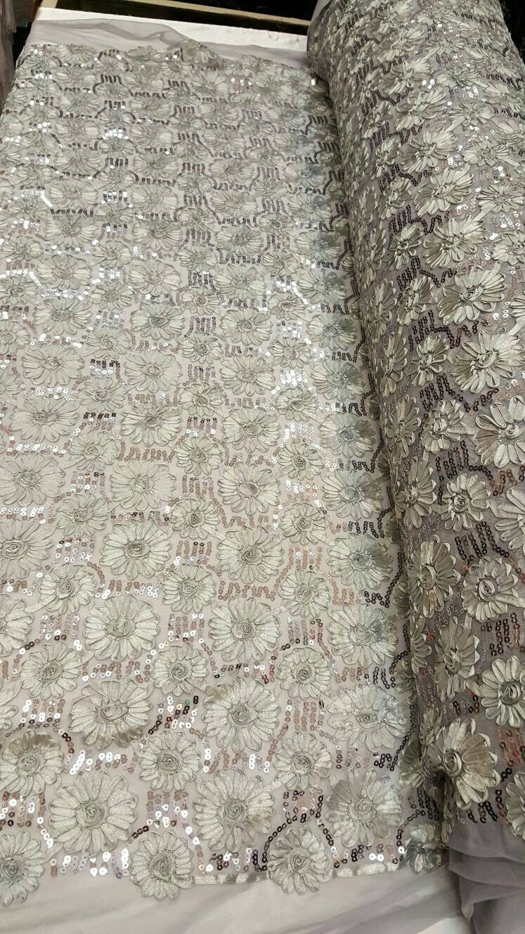 Silver gray lace embroidered flowers floral ribbon sequin on mesh fabric sold by the yard gown Quinceañera bridal Evening dress Gorgeous