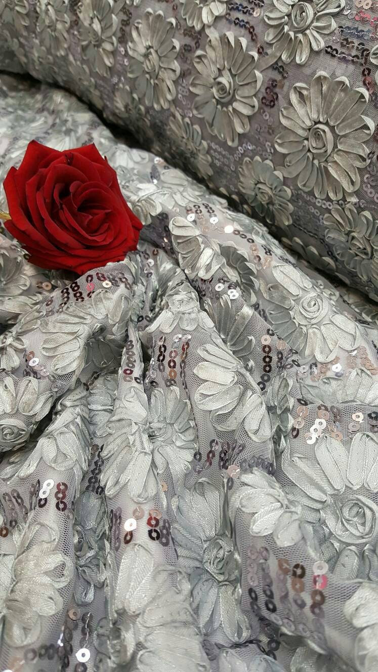 Silver gray lace embroidered flowers floral ribbon sequin on mesh fabric sold by the yard gown Quinceañera bridal Evening dress Gorgeous