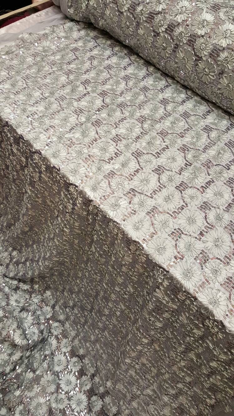 Silver gray lace embroidered flowers floral ribbon sequin on mesh fabric sold by the yard gown Quinceañera bridal Evening dress Gorgeous