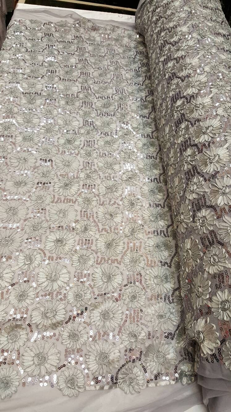 Silver gray lace embroidered flowers floral ribbon sequin on mesh fabric sold by the yard gown Quinceañera bridal Evening dress Gorgeous