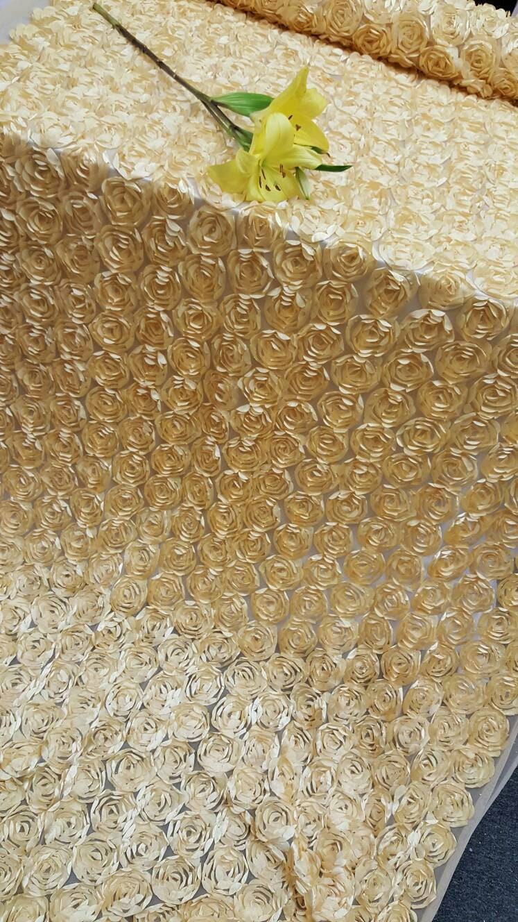 Light Gold Lace 3d Roses Fabric Satin On Mesh Floral Flowers Prom Fabric Sold By The Yard Gown Quinceañera Bridal Evening Decoration