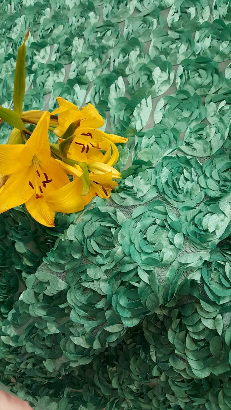 Teal roses fabric lace 3d floral flowers satin on mesh Prom fabric sold by the yard gown Quinceañera bridal Evening dress decoration draping