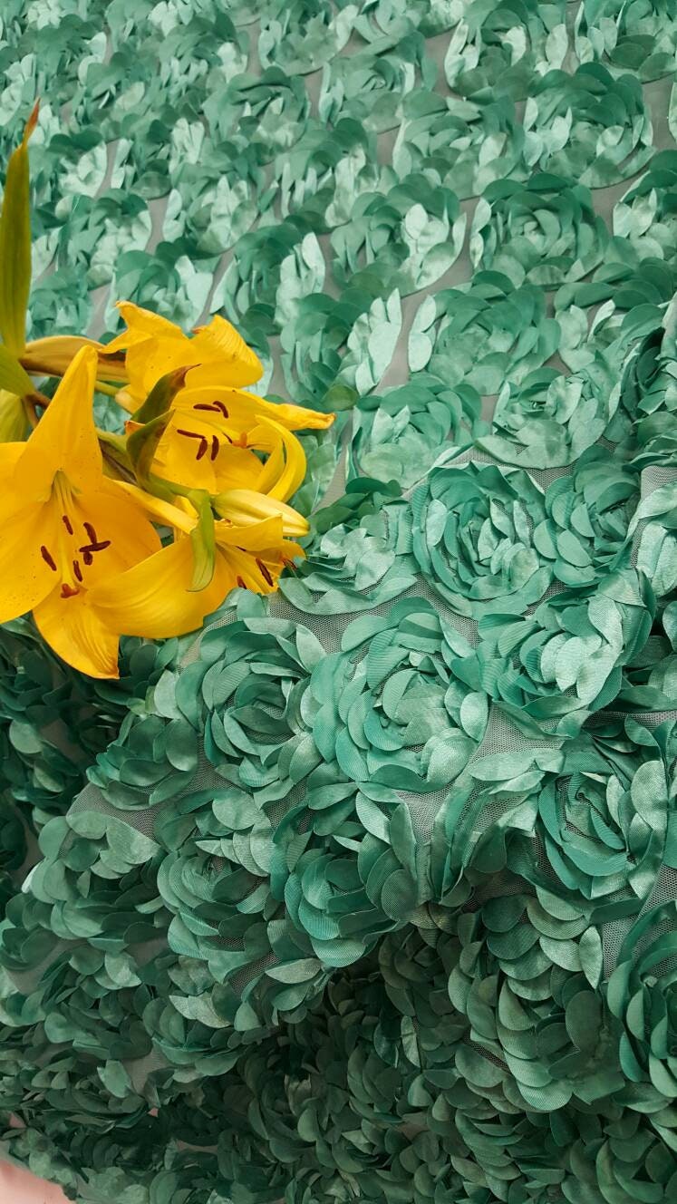 Teal roses fabric lace 3d floral flowers satin on mesh Prom fabric sold by the yard gown Quinceañera bridal Evening dress decoration draping