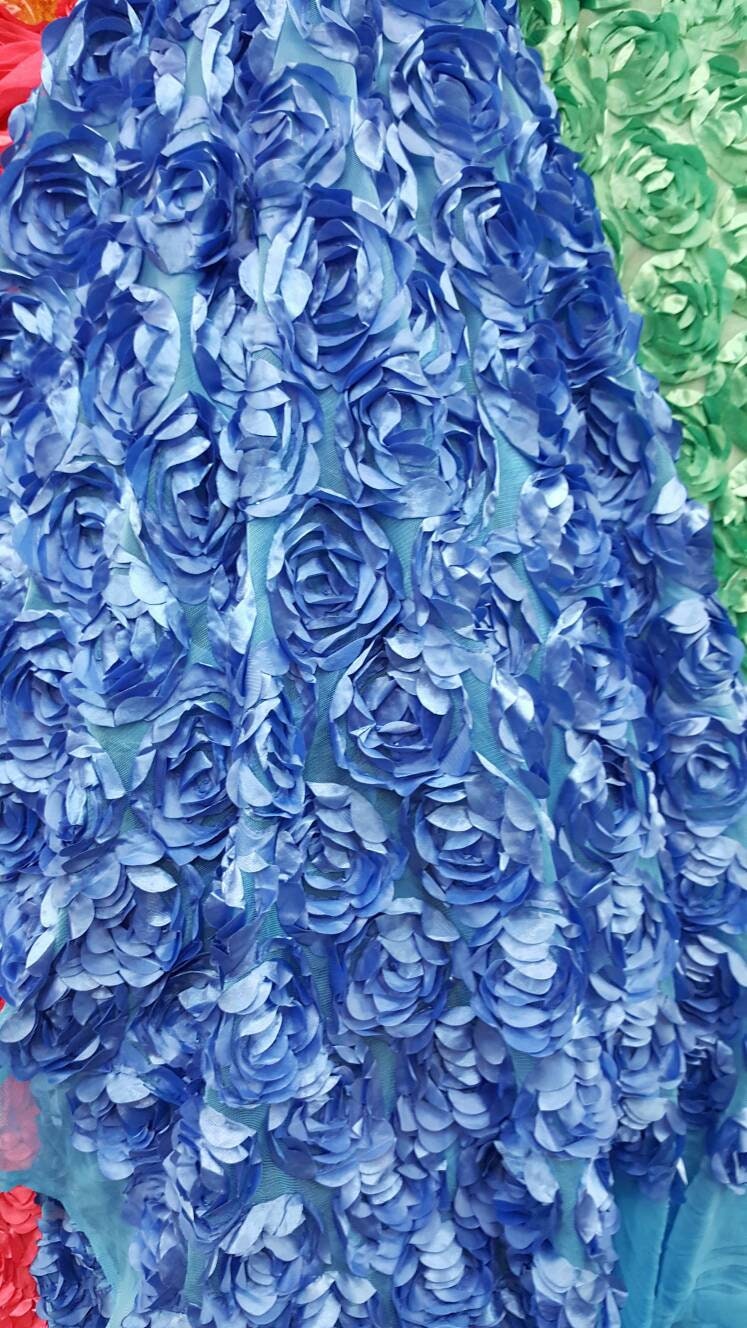 Turquoise roses fabric 3d lace floral flowers satin on mesh Prom fabric sold by the yard gown Quinceañera bridal Evening dress decoration