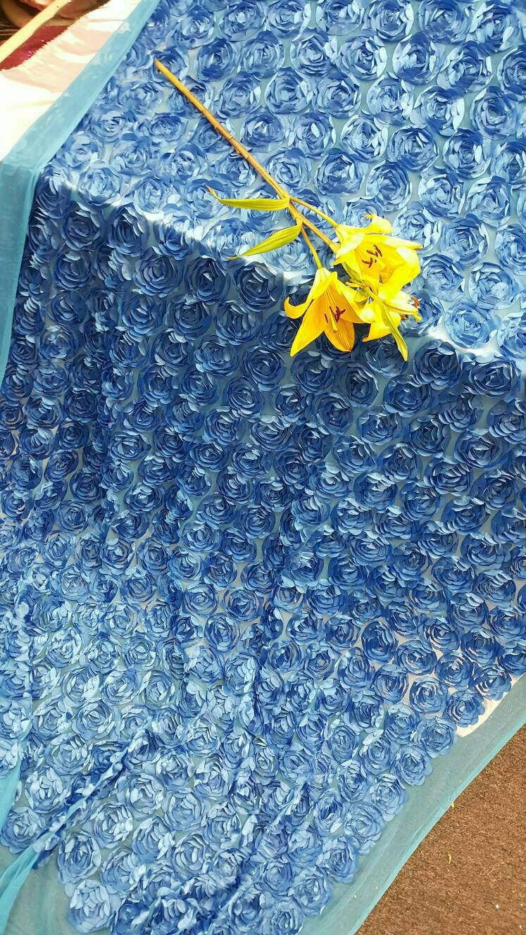 Turquoise roses fabric 3d lace floral flowers satin on mesh Prom fabric sold by the yard gown Quinceañera bridal Evening dress decoration