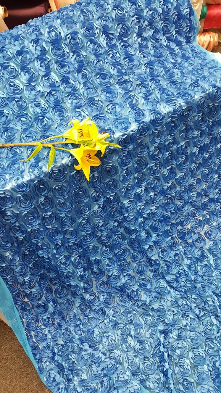 Turquoise roses fabric 3d lace floral flowers satin on mesh Prom fabric sold by the yard gown Quinceañera bridal Evening dress decoration