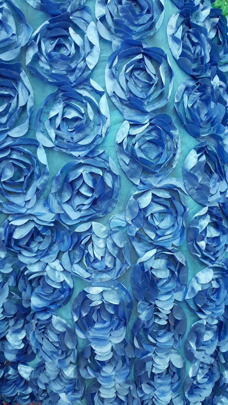 Turquoise roses fabric 3d lace floral flowers satin on mesh Prom fabric sold by the yard gown Quinceañera bridal Evening dress decoration