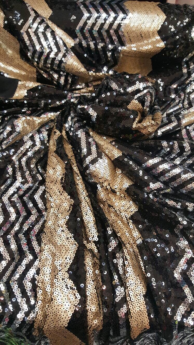 Gold Silver Negro Sequin Chevron Fabric Sold By The Yard Gown Prom Bridal Dress 1 Way Stretch Dancer Fabric Draping Decoration Clothing.