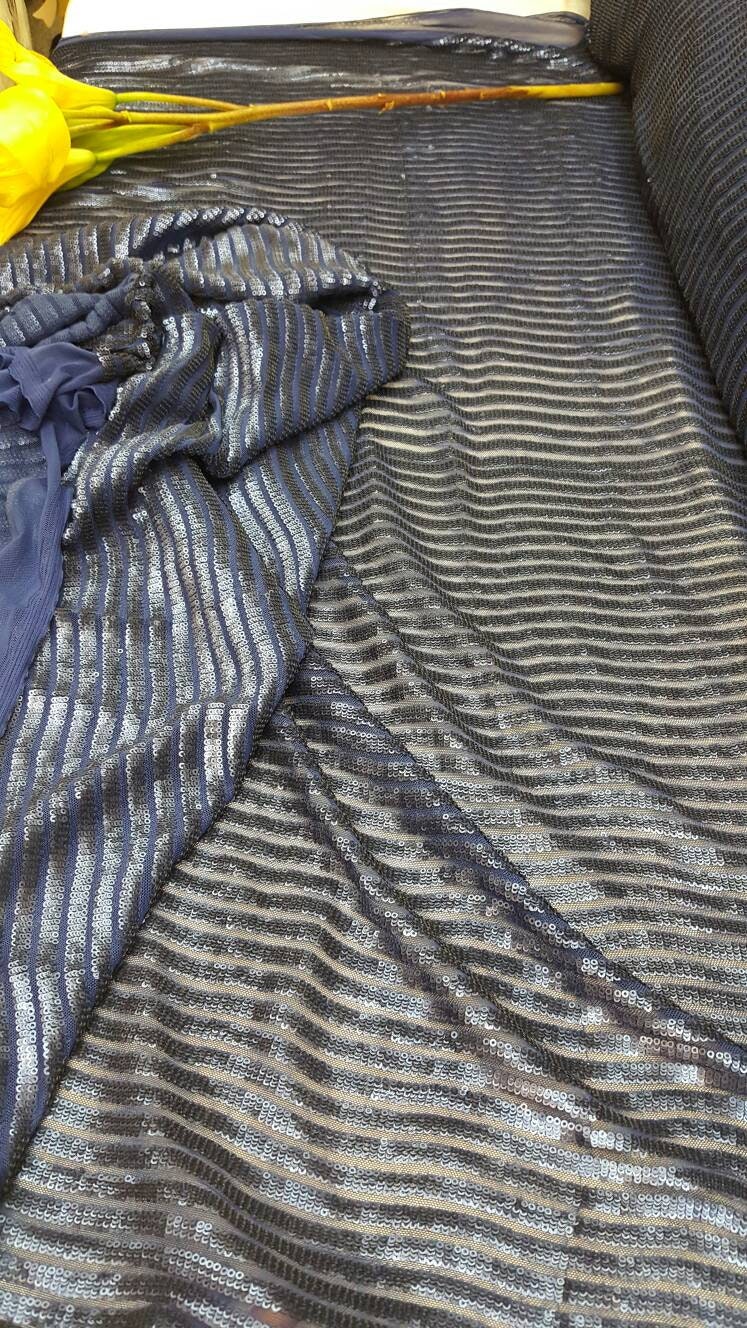 Royal blue matte sequin fabric stripes on mesh 1 way stretch clothing dancer fabric sold by the yard wedding prom gown draping decoration
