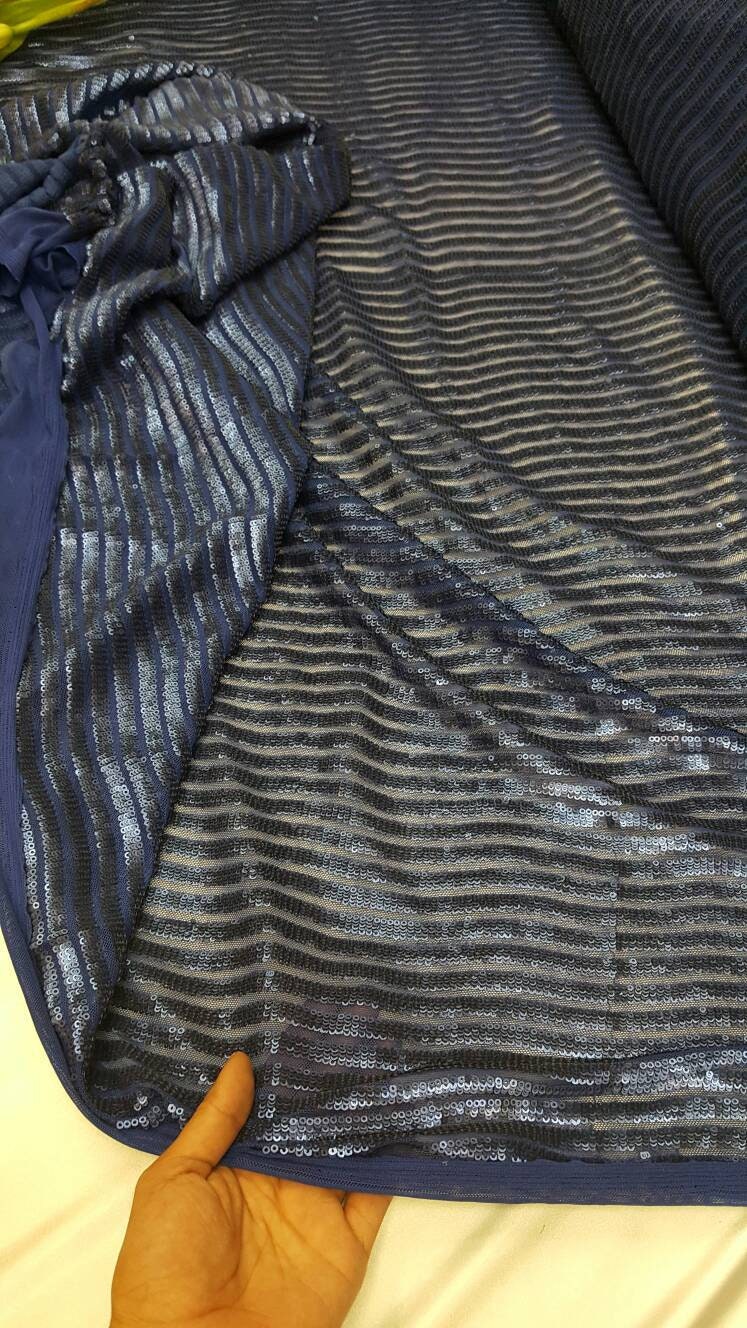 Royal blue matte sequin fabric stripes on mesh 1 way stretch clothing dancer fabric sold by the yard wedding prom gown draping decoration