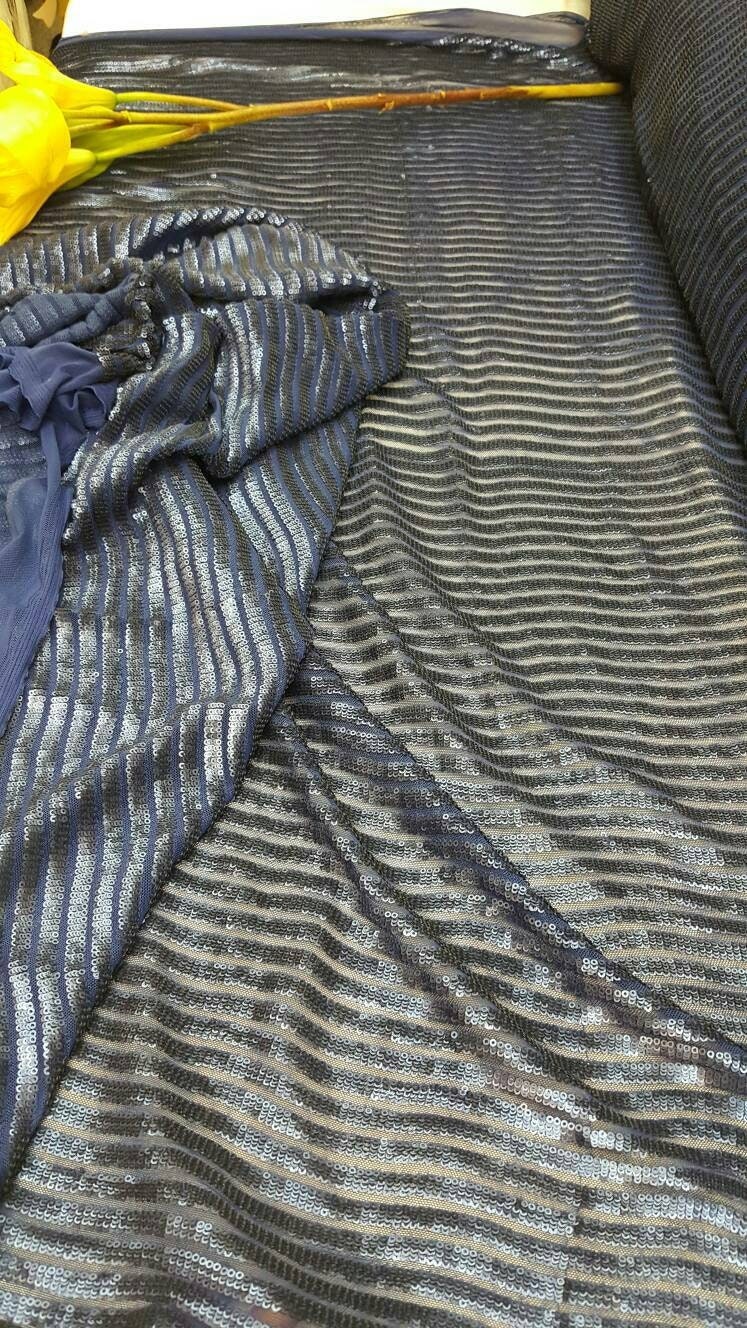 Royal blue matte sequin fabric stripes on mesh 1 way stretch clothing dancer fabric sold by the yard wedding prom gown draping decoration
