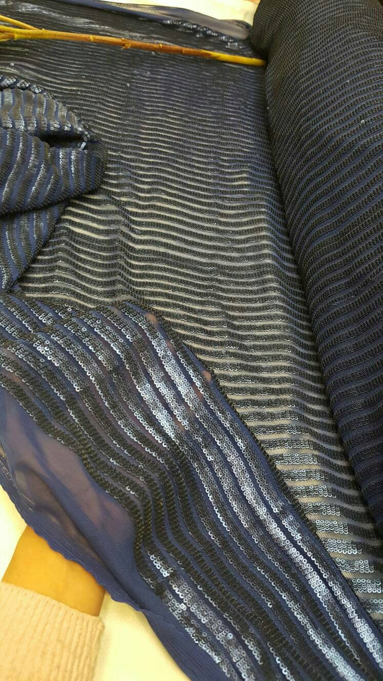 Royal blue matte sequin fabric stripes on mesh 1 way stretch clothing dancer fabric sold by the yard wedding prom gown draping decoration