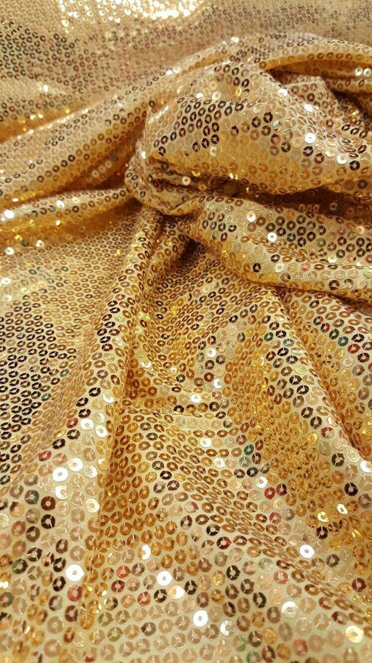 Gold Sequin 2 Way Stretch Yellow Knit Fabric Sold By The Yard Decoration Clothing Draping Gorgeous Dancer Fabric Glitz Sequin