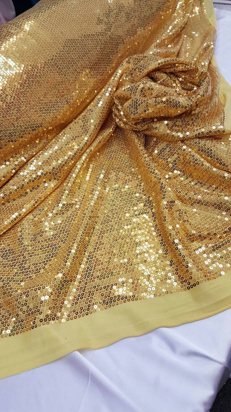 Gold Sequin 2 Way Stretch Yellow Knit Fabric Sold By The Yard Decoration Clothing Draping Gorgeous Dancer Fabric Glitz Sequin