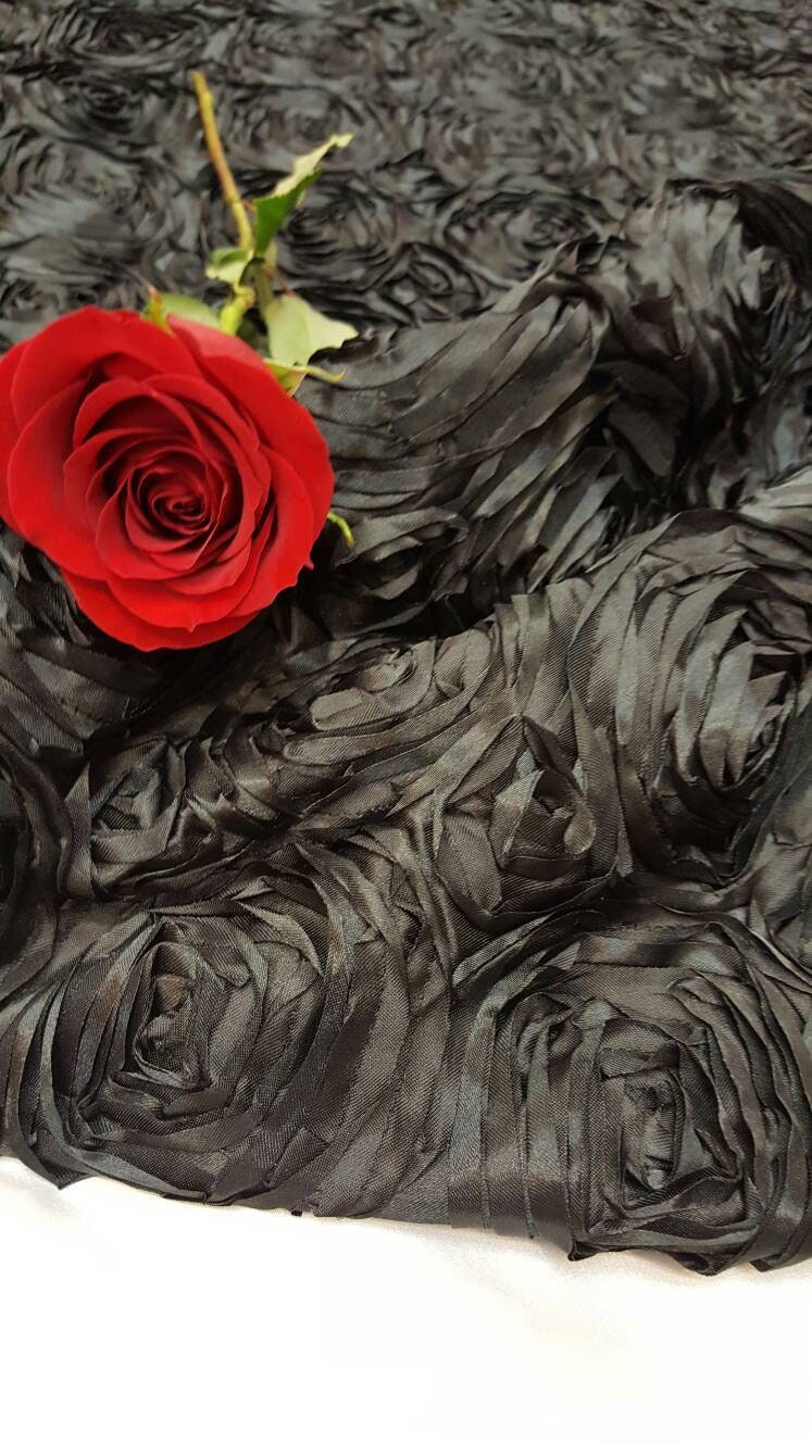 Black Satin Rosette Fabric by the Yard runners table cloths dress gown fabric to make mono mono roses satin floral flowers satin black