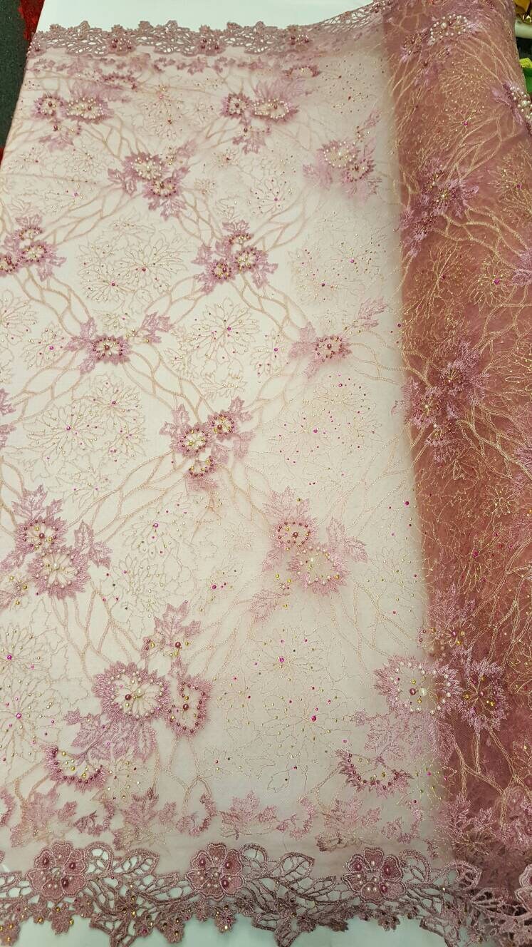 Mauve Hand Beaded Lace Floral Double Scalloped Embroidered Rinesthone Pearls Prom Fabric Sold By The Yard Gown Quinceañera