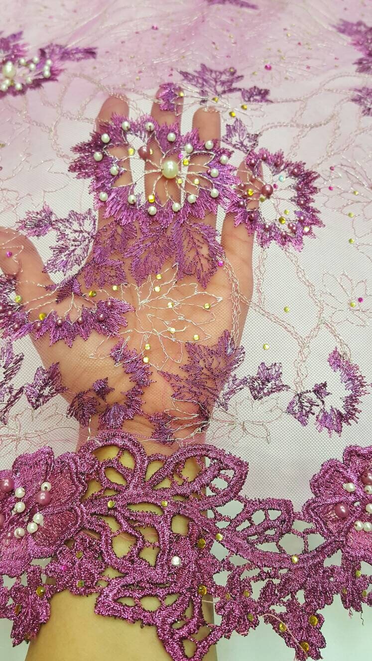 Magenta Hand Beaded Lace Floral Flowers Embroidered Rhinestone Pearls Prom Fabric Sold By The Yard Gown Quinceañera Bridal