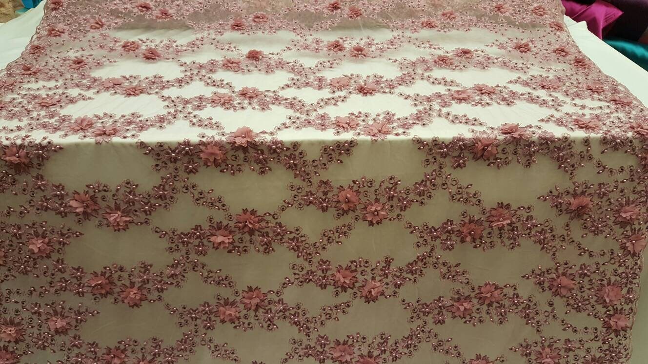 Mauve Pink 3D Floral Lace Hand Beaded Embroidered Sold By The Yard Gown Quinceañera Fabric Sold By The Yard Prom Bridal Double Scalloped