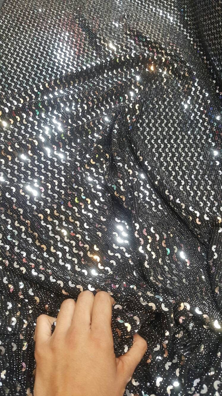 Silver Sequin Geometrical Shine on Black Stretch Fabric Sold by the Yard 60"w Fabric Dress Gorgeous Draping Decoration Party Fabric bling