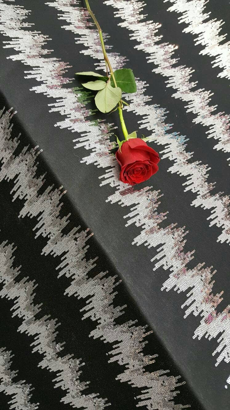 Silver sequin on black Jersey knit stretch fabric sold by yard decoration clothing draping dress dancer clothing Fashion fabric