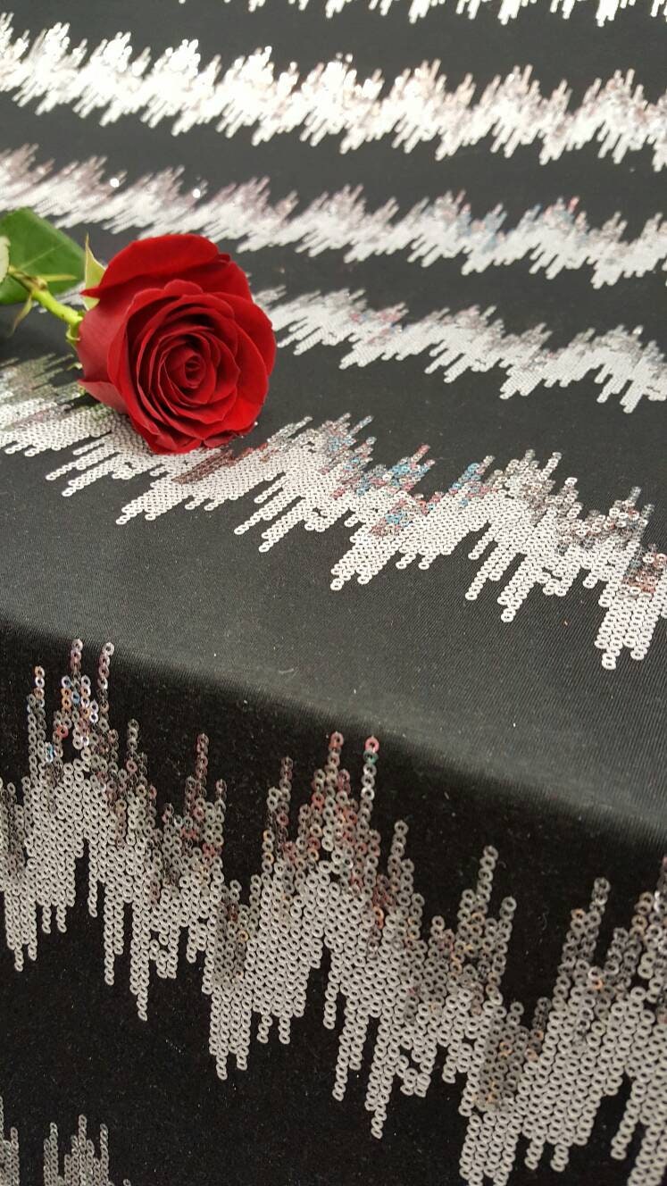 Silver sequin on black Jersey knit stretch fabric sold by yard decoration clothing draping dress dancer clothing Fashion fabric