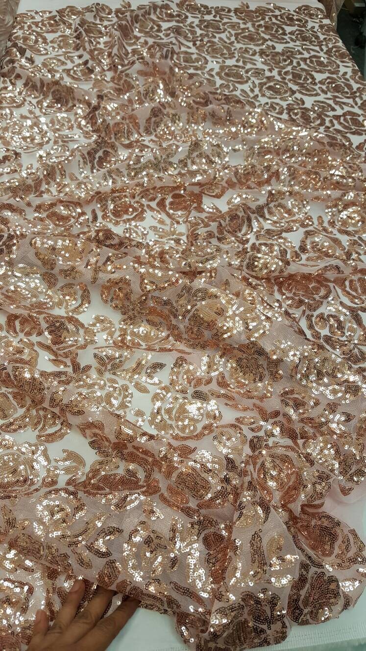 Rose gold lace fabric Roses Sequin on blush mesh 1way stretch Prom fabric sold by the yard gown Quinceañera bridal Evening dress Decoration