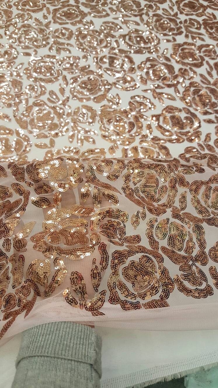Rose gold lace fabric Roses Sequin on blush mesh 1way stretch Prom fabric sold by the yard gown Quinceañera bridal Evening dress Decoration