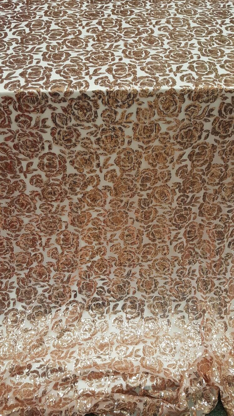 Rose gold lace fabric Roses Sequin on blush mesh 1way stretch Prom fabric sold by the yard gown Quinceañera bridal Evening dress Decoration