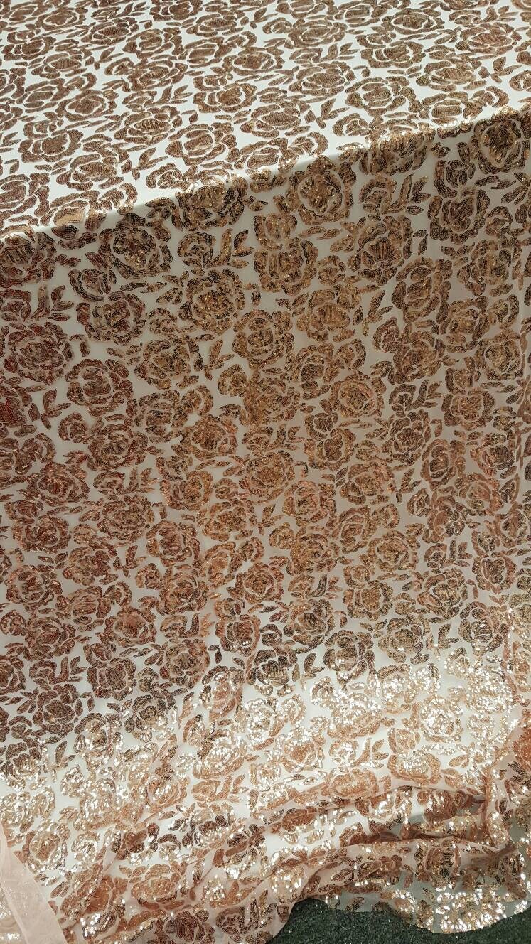 Rose gold lace fabric Roses Sequin on blush mesh 1way stretch Prom fabric sold by the yard gown Quinceañera bridal Evening dress Decoration