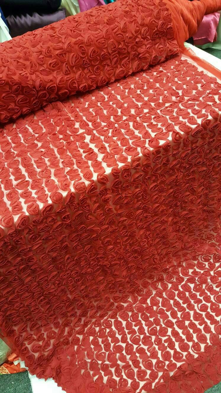 Red Floral Lace Chiffon Flowers on Mesh Prom Fabric Sold by the Yard Gown Quinceañera Gorgeous Decoration Draping Table