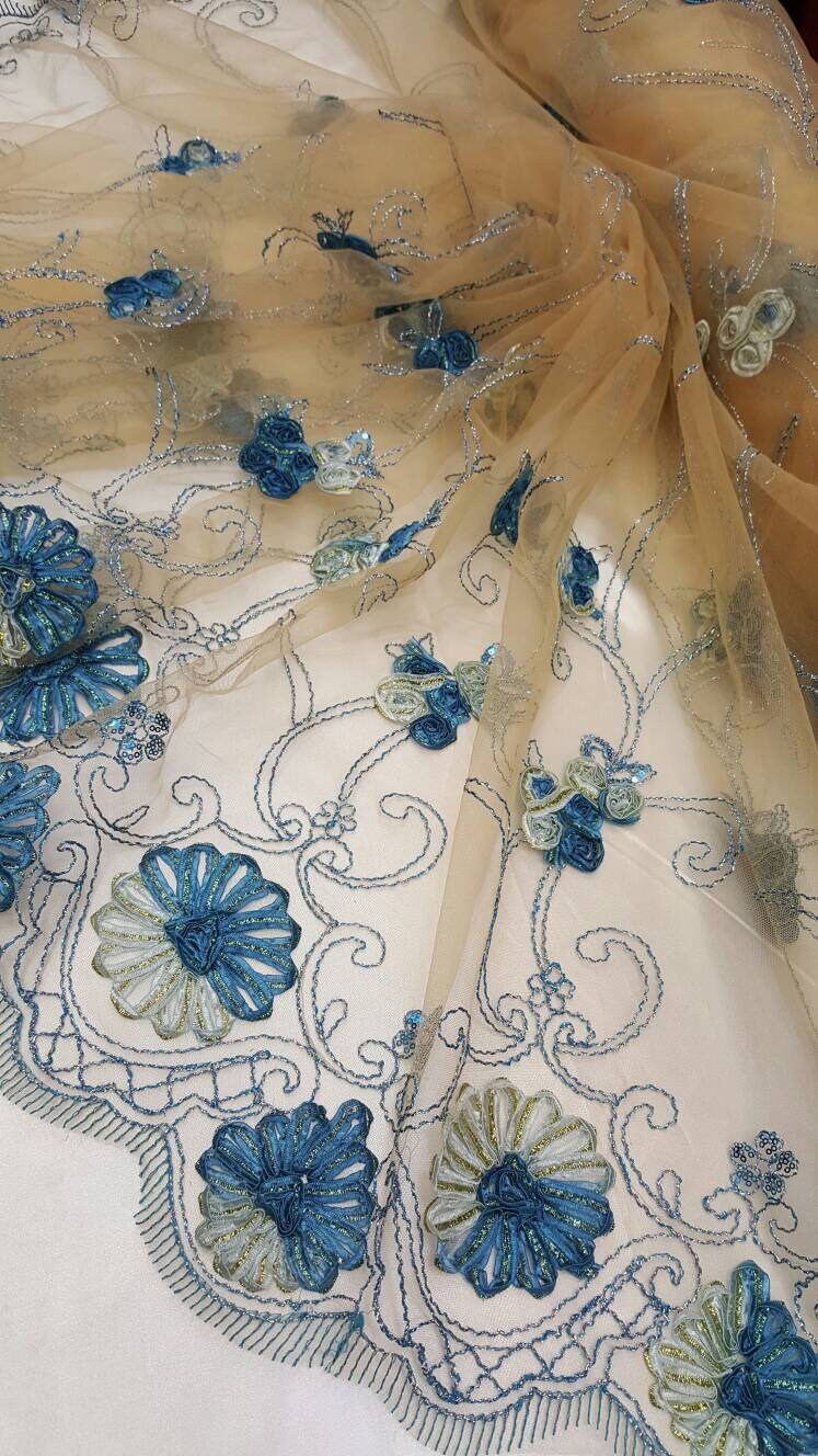 Blue Lace Embroidered ribbon Floral Flowers 1 Border Fabric Sold by the Yard Cord on champagne Mesh Bridal Dress Draping Decoration