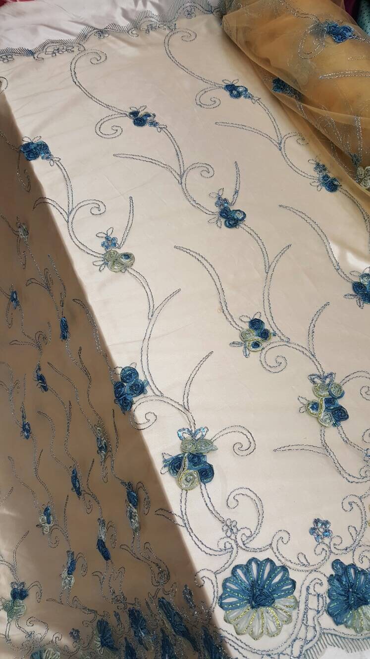 Blue Lace Embroidered ribbon Floral Flowers 1 Border Fabric Sold by the Yard Cord on champagne Mesh Bridal Dress Draping Decoration