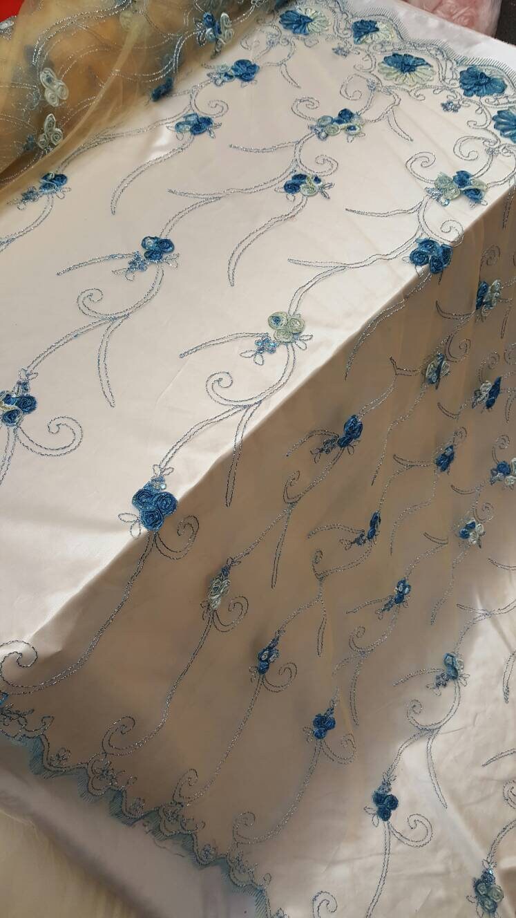 Blue Lace Embroidered ribbon Floral Flowers 1 Border Fabric Sold by the Yard Cord on champagne Mesh Bridal Dress Draping Decoration