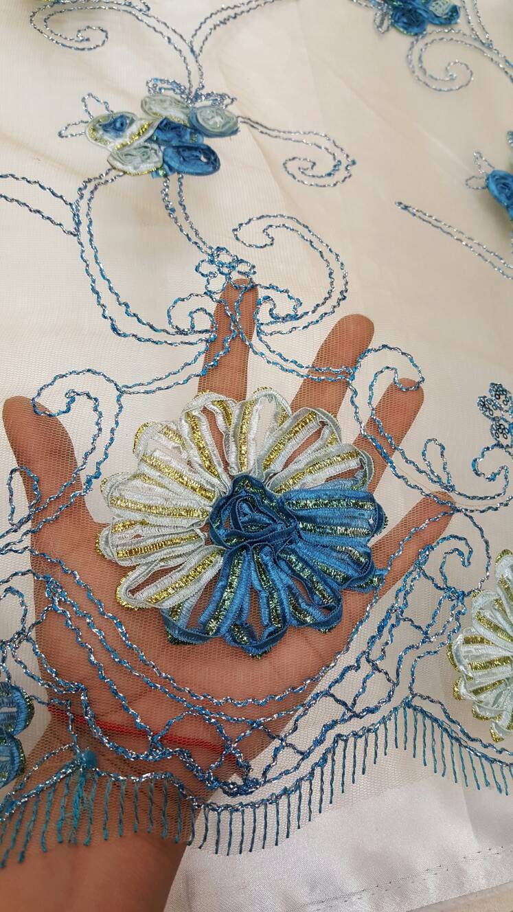 Blue Lace Embroidered ribbon Floral Flowers 1 Border Fabric Sold by the Yard Cord on champagne Mesh Bridal Dress Draping Decoration