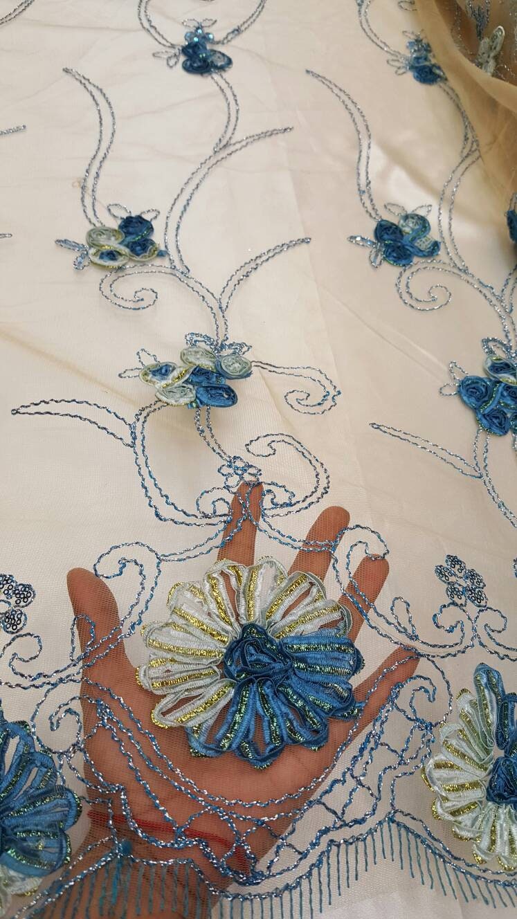 Blue Lace Embroidered ribbon Floral Flowers 1 Border Fabric Sold by the Yard Cord on champagne Mesh Bridal Dress Draping Decoration